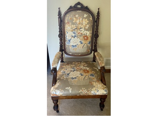 Gorgeous Solid Wood Antique Arm Chair With Floral Upholstered Seats/back On Wheels