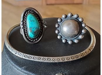 3 Pretty Pieces Of Unmarked Navajo Jewelry Stamped Bracelet, Silver Dome Ring And Turquoise Ring