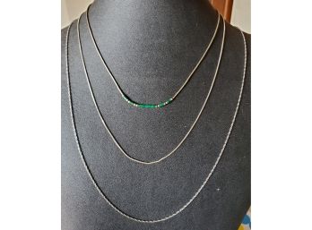 3 Dainty Sterling Silver Necklaces, 24' Rope, 20' Box Chain, 16' Silver Bead W/ Malachite