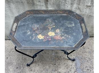 Hand Painted Metal Tray W/ Wrought Iron Collapsible Stand