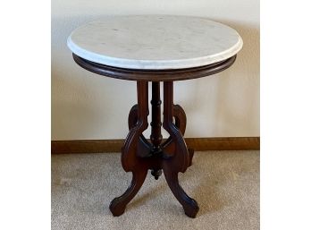 Solid Wood Antique Accent Table W/Marble Top And Carved Wood Base