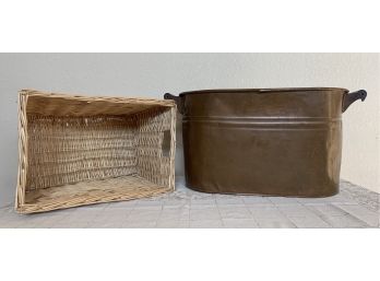 Wicker Basket And Oval Copper Tub W/ Handles