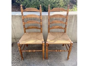 2 Solid Wood Vintage Slat Back Chairs With Wicker Seats