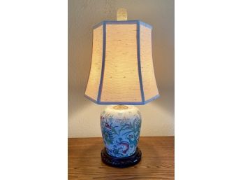 Large Vintage Porcelain/carved Wood Lamp With Koi Fish & Dragonfly Glaze
