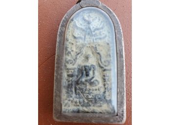Unique Buddha Prayer Box Pendant  Under Glass With Etched Silver Tone Frame