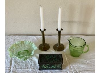 Murano Style Candy Dish, Stained Glass Trinket Box, 2 Candle Holders And 2 Candle Holders