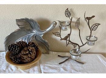 Metal Leaf Dish, Pine Cone Decor And 3 Tier Candle Holder