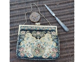 Vintage Tapestry Purse With Metal Clasp Vintage Silver Tone Nail File And Carved Piece Inside