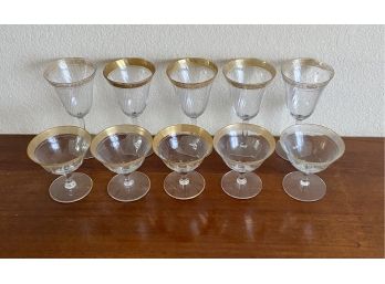 10 Glass Goblets Plus Cups With Gold Accent