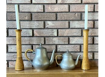 2 Pewter Tea Pots And 2 Wooden Candle Holders