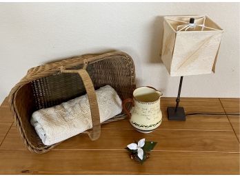 Lot Of 4 Houseware Items Including Basket W/lace Tablecloth, Lamp & More