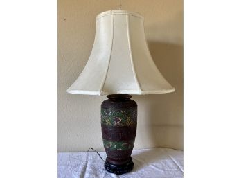 Glazed Floral Porcelain Asian Print Lamp With Hand Carved Wooden Base