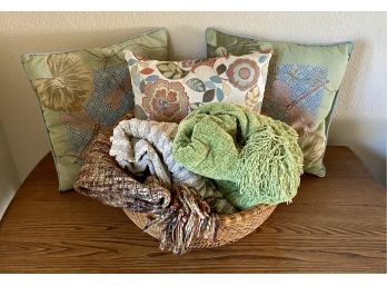 Collection Of Decorative Pillows & Throw Blankets With Basket