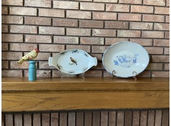 2 Bird Casserole Dishes And 1 Wooden Decorative Bird