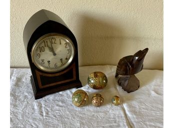 Vintage Seth Thomas Clock, Carved Wood Eagle And Wood Nesting Balls