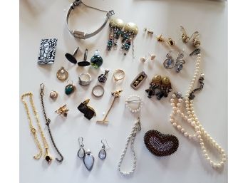 Misc. Lot Of Costume Jewelry, Pins, Earrings, Tie Tacs, Watch Chain Some 925 Sterling Pieces