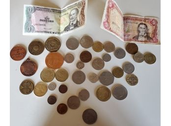 Nice Lot Of Foreign Coins, Tokens, & Paper Currency