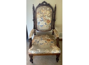 Gorgeous Solid Wood Antique Arm Chair With Floral Upholstered Seats/back On Wheels