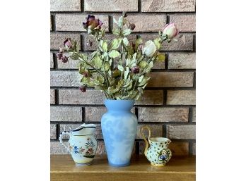 Frosted Blue Vase W Faux Flowers Plus Colorful Pottery Pitchers