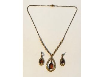 Teardrop Pendant And Earrings Gold Tone Costume Jewelry Set