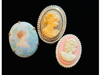 2 Cameo Brooches With A Handpainted One