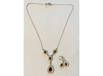 Red Rhinestone Silver Toned Costume Jewelry Set
