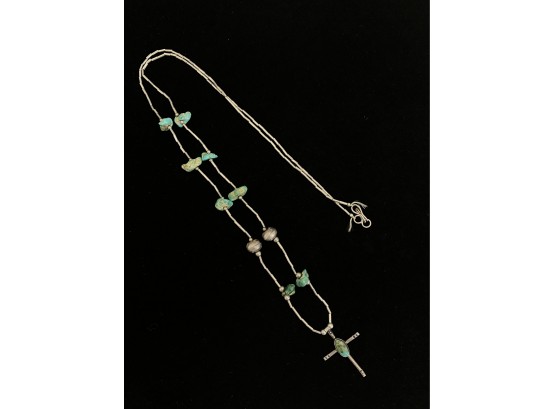 Sterling Silver Cross Necklace W/ Turquoise Accents