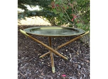 Moroccan Style Circular Brass Table With Collapsible Wood Base