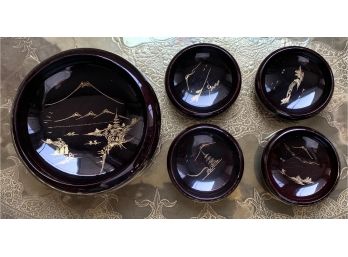 (5) Aizu Black Japanese Lacquered Wood Bowls