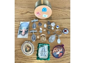 Lot Of Religious Pins, Charms, And Keychains In Round Travel Tin