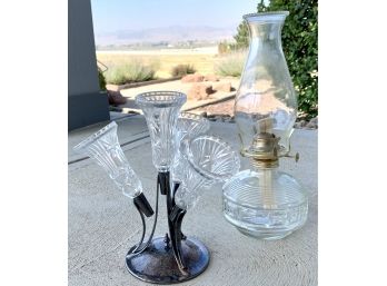 Barker Ellis Antique Silver Plated Candle Holder And Vintage Glass Oil Lamp