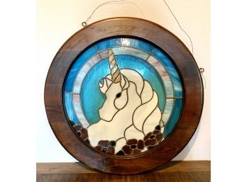 Stained Glass Unicorn In Round Wood Frame