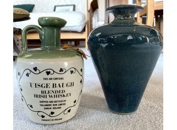 Irish Whiskey Jar And Blue Ceramic Vase