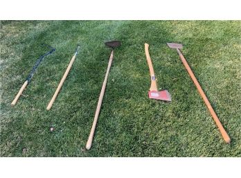 Lot Of Various Garden Tools Including Ax, Edger, And Hoe