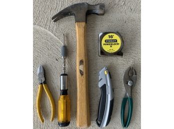 Lot Of Handy Tools Incl. Diamond Duluth K16 Pliers, Stanley Box Cutter, And Yellow Servess Drop Forged Pliers