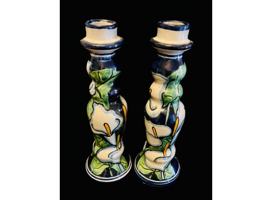 Pair Of Mexican Talavera Pottery Style White Anthurium Candle Holders