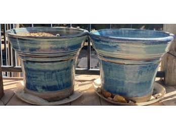 Two Matching Blue Ceramic Flower Pots