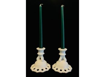 Vintage Pair Of Westmoreland Doric Candleholders Open Lace White Milk Glass