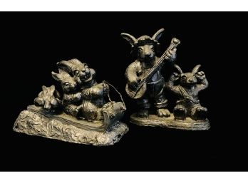 Pair Of Original Michael Ricker Pewter Sculptures, One Feat. Rabbits On A Sleigh & The Other Rabbits W. Banjo
