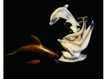 Pair Of Dolphin Figurines, One Wood And The Other A ' Dolphins 1994 ' From Masterpiece Porcelain By HOMCO