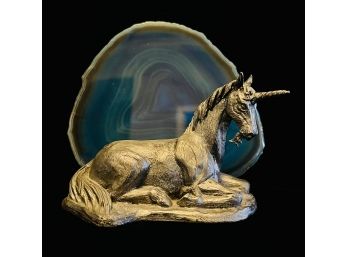 1989 Michael Ricker Pewter Unicorn Sculpture, With Geode Piece Background, Numbered 276/2250