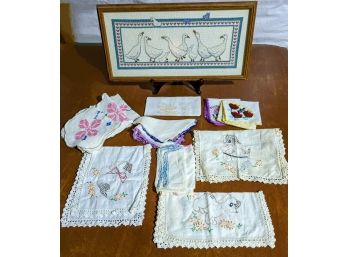 Lot Of 15- Framed Goose Cross Stitching With Stand, And Collection Of Cross Stitching Handkerchiefs