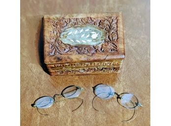 Lot Of 3 - Antique Carved Wooden Box With 2 Pairs Small Antique Reading Glasses