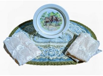 Lot Of 5- Display Cloth, Decorative Napkins, And Collectible Plate On Stand