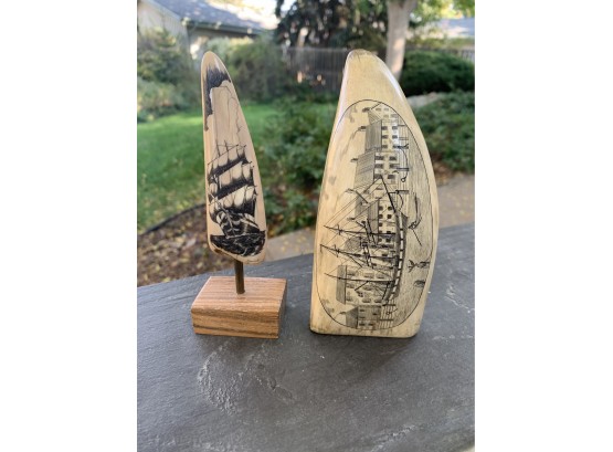 2 Nautical Carved Bone Scrimshaw