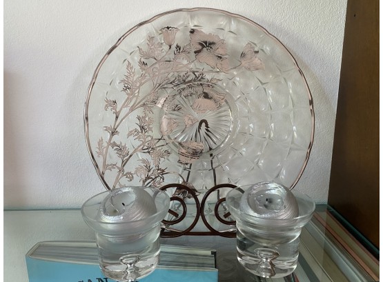 Pair Of Polish Crystal Candle Holders With Silver Detail Glass Tray
