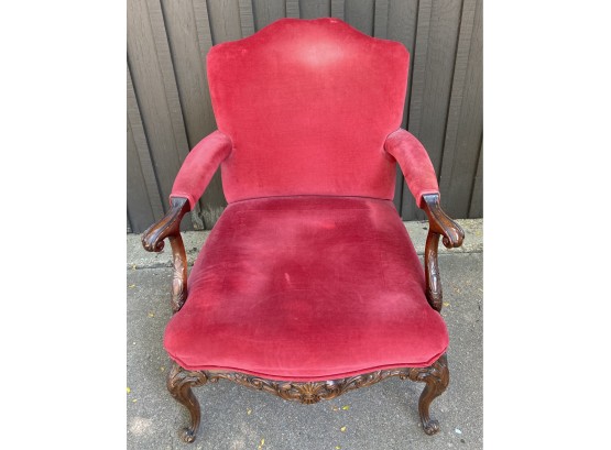 Beautiful Red Velvet Vintage Chair With Intricate Scroll Work