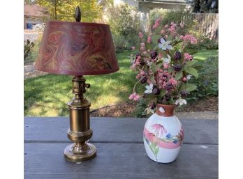 Small Brass Lamp With Vase & Faux Flowers