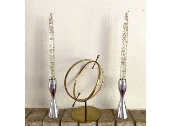 Pair Of Signed Decorative Nambe Mid Century Candle Holders With Gold & Silver Flaked Tapers