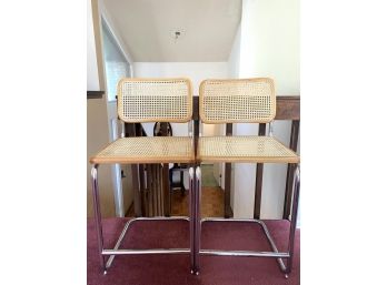 Pair Of Two Cane Bottom And Folded Chrome Barstools With Footrest